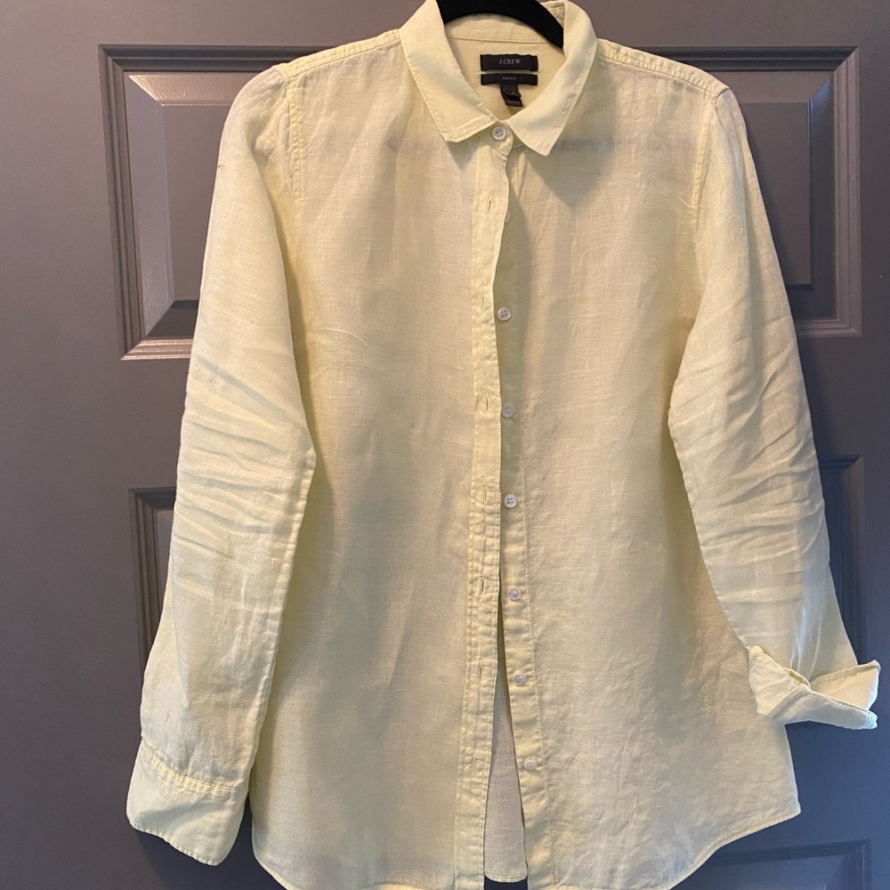 J Crew light yellow button front shirt.